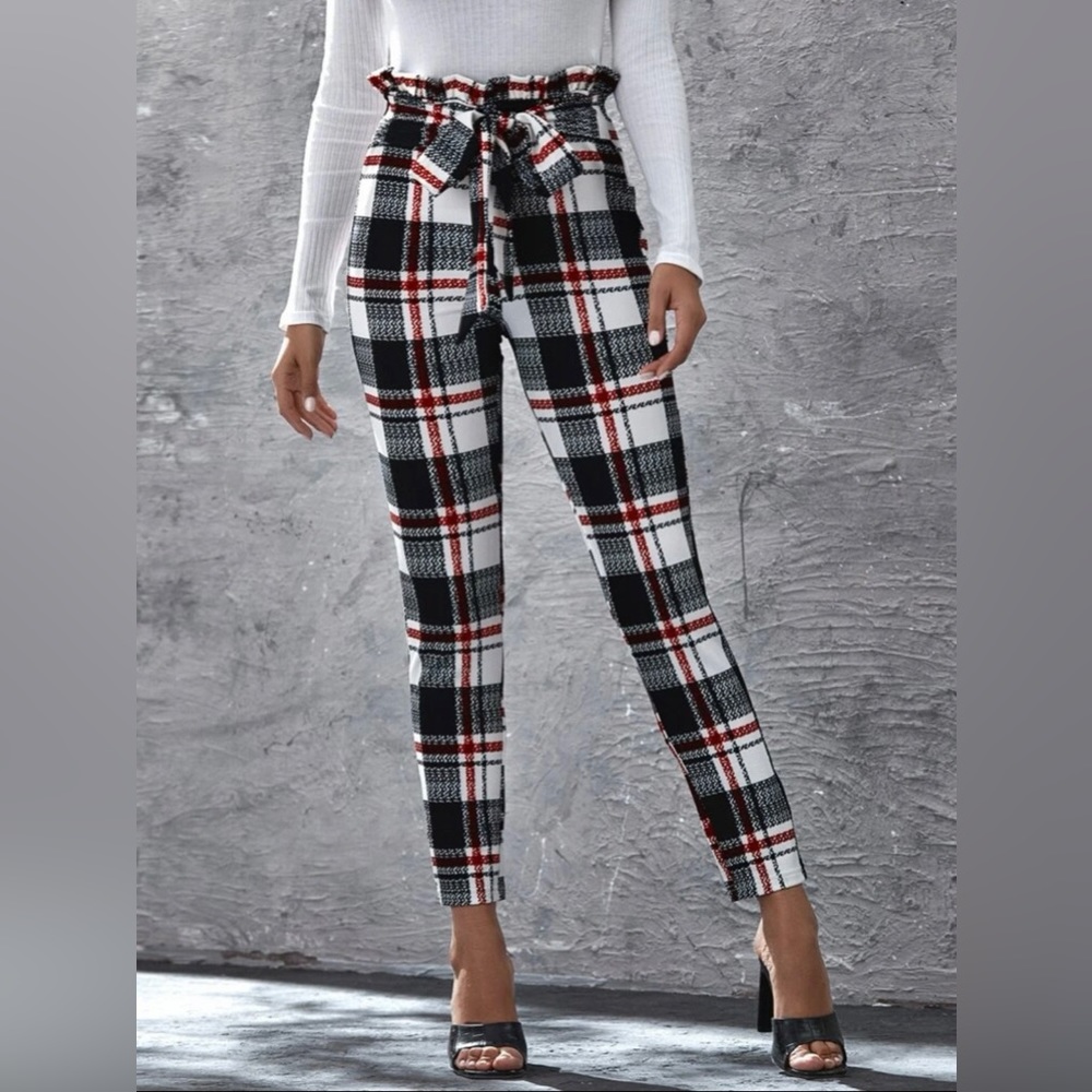 SHEIN Paperbag Waist Tie Front Plaid Pants Size Medium